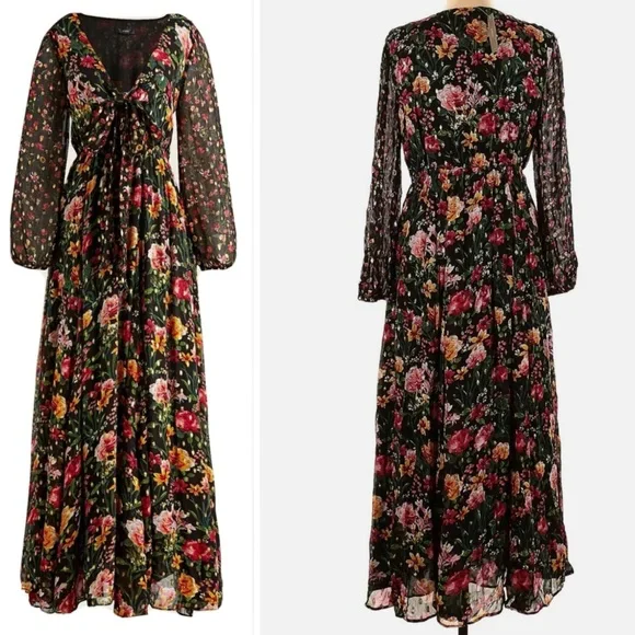 J.Crew Tie Front Lurex Floral Maxi Dress Boho Long Sleeve Romantic Size XL - Picture 3 of 11